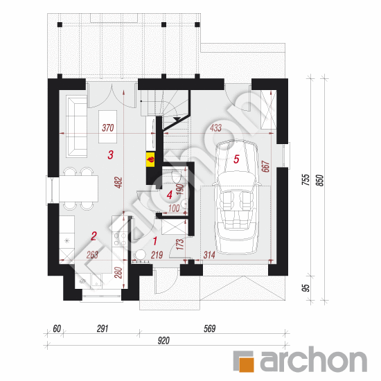 Проект будинку ARCHON+ Будинок в гунерах План першого поверху