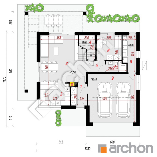 Проект будинку ARCHON+ Будинок в нефрісах (Г2Е) ВДЕ План першого поверху