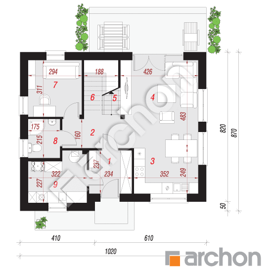 Проект дома ARCHON+ Дом в хлорофитуме (Е) План першого поверху