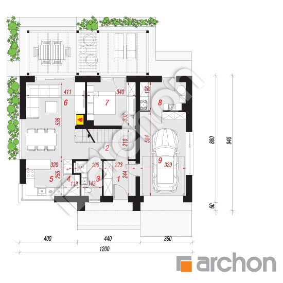 Проект будинку ARCHON+ Будинок в комміфорах 14 (Е) План першого поверху