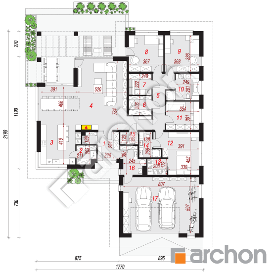 Проект дома ARCHON+ Дом в подснежниках 17 (Г2Е) План першого поверху