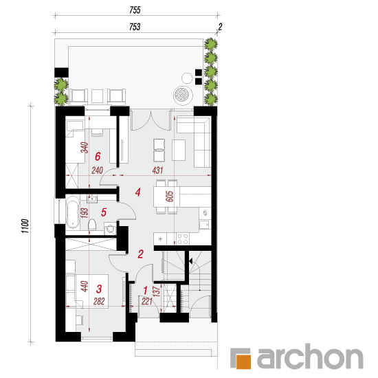 Проект дома ARCHON+ Дом в фиалках 5 (Р2Б) План першого поверху