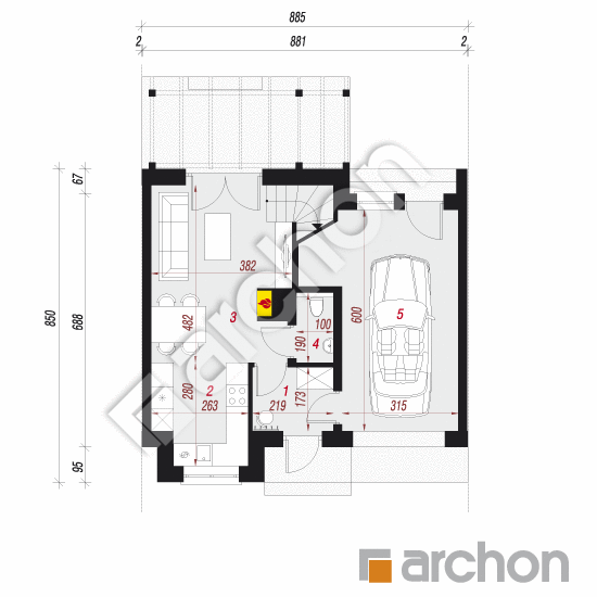 Проект дома ARCHON+ Дом в гунерах (СА) вер. 2 План першого поверху