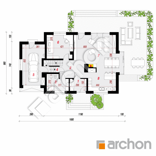 Проєкт будинку ARCHON+ Будинок у вербені 8 (ПН) План першого поверху